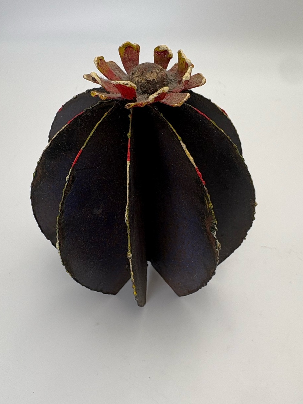 Decorative Metal Flowering Cactus Sculpture in Dark Brown, Purple and Red